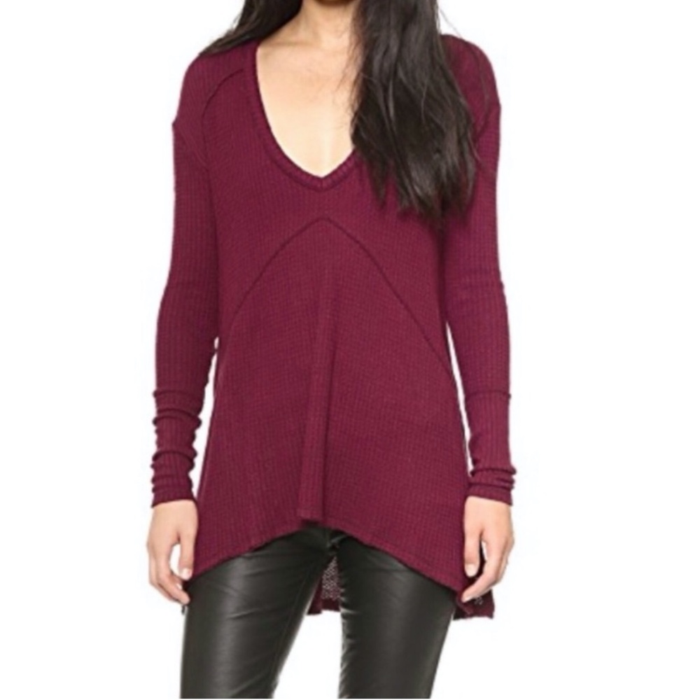 Free People Drippy Thermal Sunset Park Maroon Oversized Waffle Knit Sweater Sz S